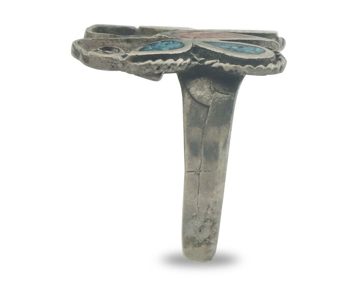 Navajo Ring 925 Silver Inlaid Butterfly Turquoise & Coral C.80's Size 5.5