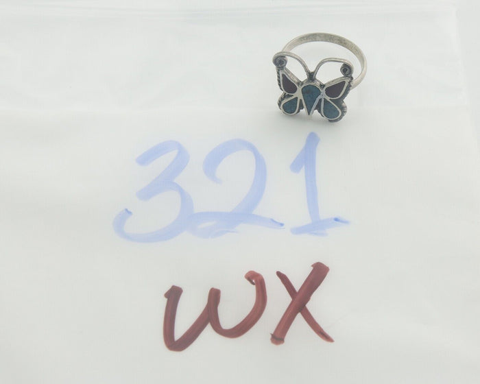 Navajo Ring 925 Silver Inlaid Butterfly Turquoise & Coral C.80's Size 5.5