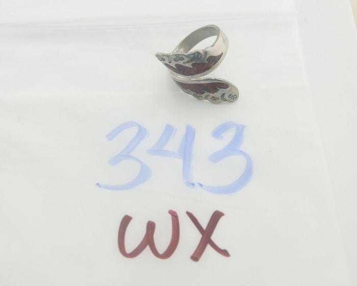 Navajo Ring 925 Silver Inlaid Natural Coral Native Artist C.80's Size 8.0
