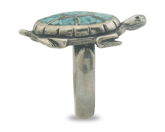 Navajo Ring 925 Silver Inlaid Turtle Turquoise C.80's Size 7.75