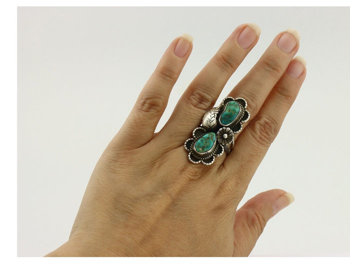 Navajo Ring .925 Silver Kingman Turquoise Aritst Signed LD C.1980's