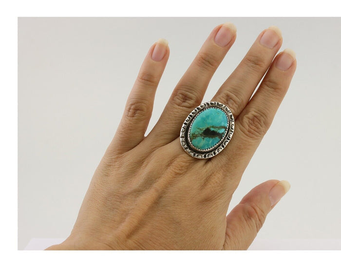 Navajo Ring 925 Silver Kingman Turquoise Artist Signed JMC C.80's