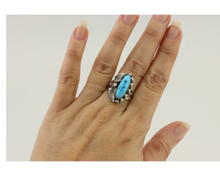 Navajo Ring 925 Silver Kingman Turquoise Artist Signed SC C.80's