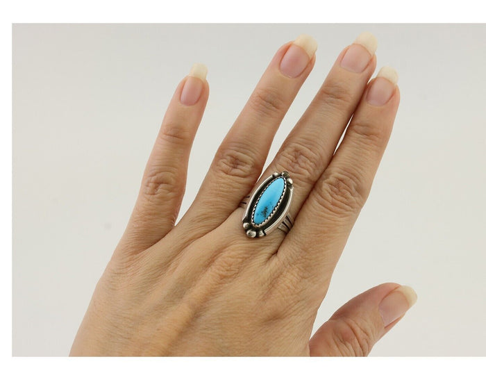 Navajo Ring 925 Silver Kingman Turquoise Artist Signed SC Size 7.0 C.80's