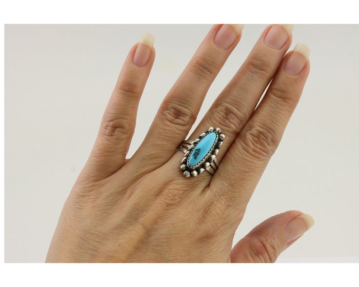 Navajo Ring 925 Silver Kingman Turquoise Artist Signed SC Size 8.75 C.80's