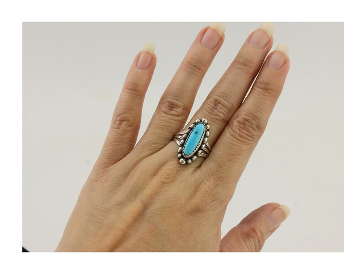 Navajo Ring 925 Silver Kingman Turquoise Artist Signed SC Size 9.0 C.80's