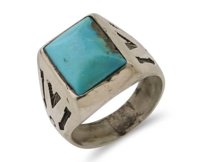 Navajo Ring 925 Silver Kingman Turquoise Artist Signed Sunburst C.80's