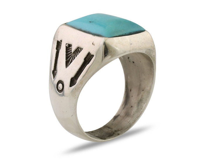 Navajo Ring 925 Silver Kingman Turquoise Artist Signed Sunburst C.80's