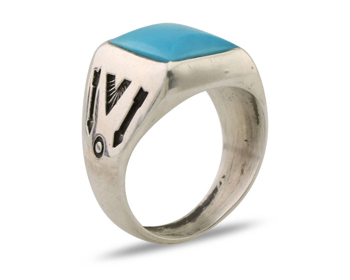 Navajo Ring 925 Silver Kingman Turquoise Artist Signed Sunburst C.80's
