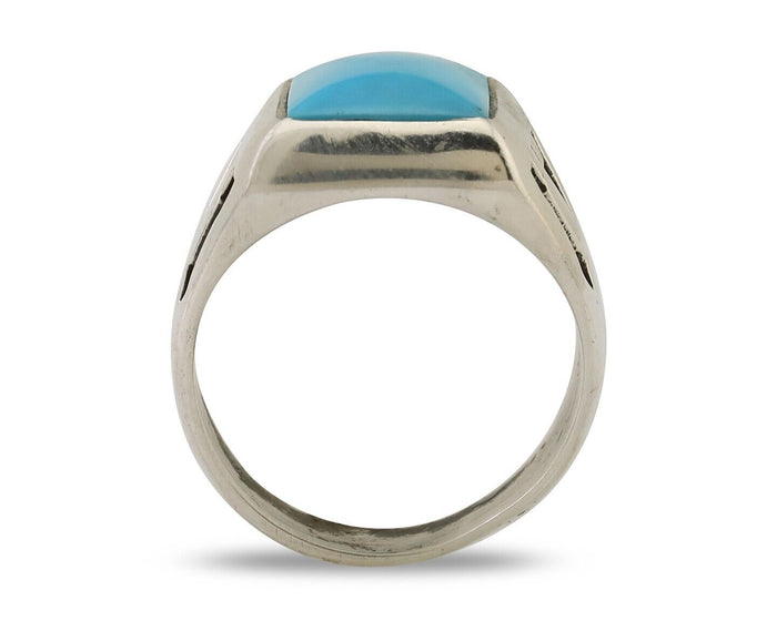 Navajo Ring 925 Silver Kingman Turquoise Artist Signed Sunburst C.80's