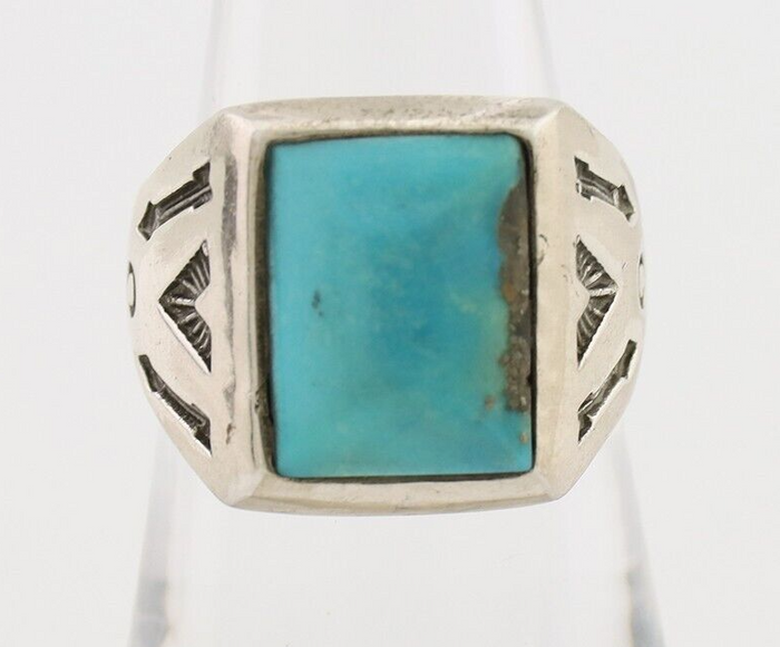 Navajo Ring 925 Silver Kingman Turquoise Artist Signed Sunburst C.80's
