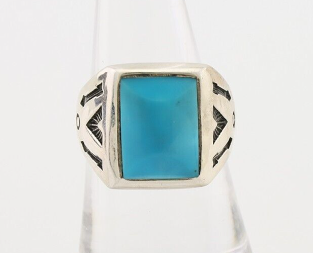Navajo Ring 925 Silver Kingman Turquoise Artist Signed Sunburst C.80's