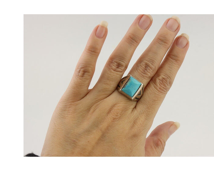 Navajo Ring 925 Silver Kingman Turquoise Artist Signed Sunburst C.80's