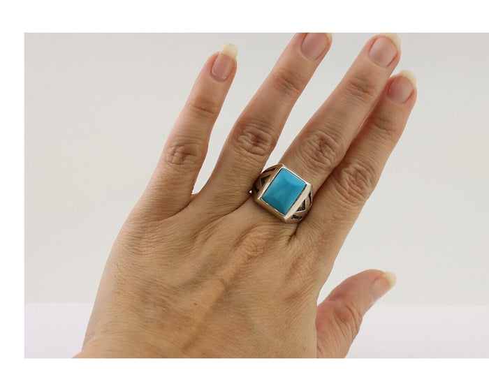 Navajo Ring 925 Silver Kingman Turquoise Artist Signed Sunburst C.80's