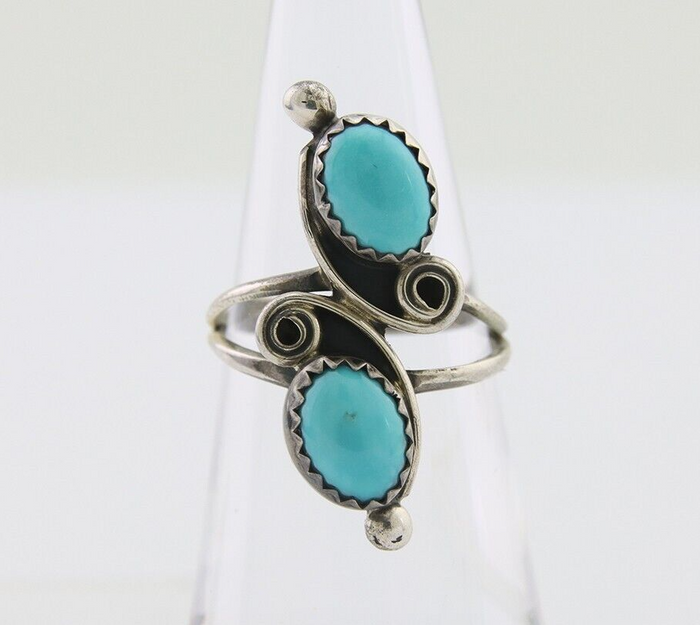 Navajo Ring 925 Silver Kingman Turquoise Native American Artist C.80's