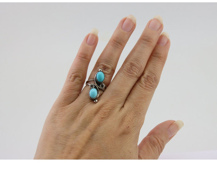 Navajo Ring 925 Silver Kingman Turquoise Native American Artist C.80's