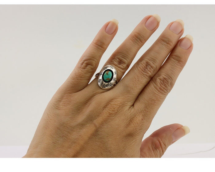 Navajo Ring 925 Silver Kingman Turquoise Native American Artist C.80's