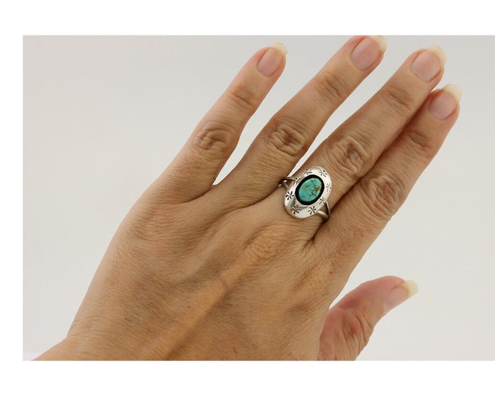 Navajo Ring 925 Silver Kingman Turquoise Native American Artist C.80's