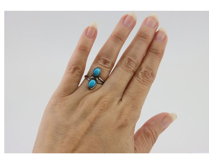 Navajo Ring 925 Silver Kingman Turquoise Native American Artist C.80's