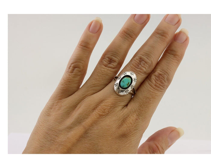 Navajo Ring 925 Silver Kingman Turquoise Native American Artist C.80's