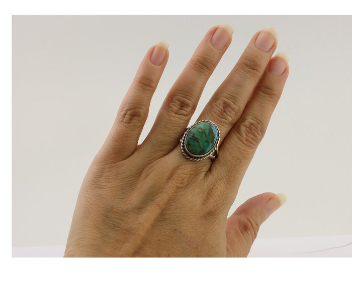 Navajo Ring 925 Silver Kingman Turquoise Native American Artist C.80's