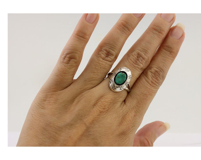 Navajo Ring 925 Silver Kingman Turquoise Native American Artist C.80's