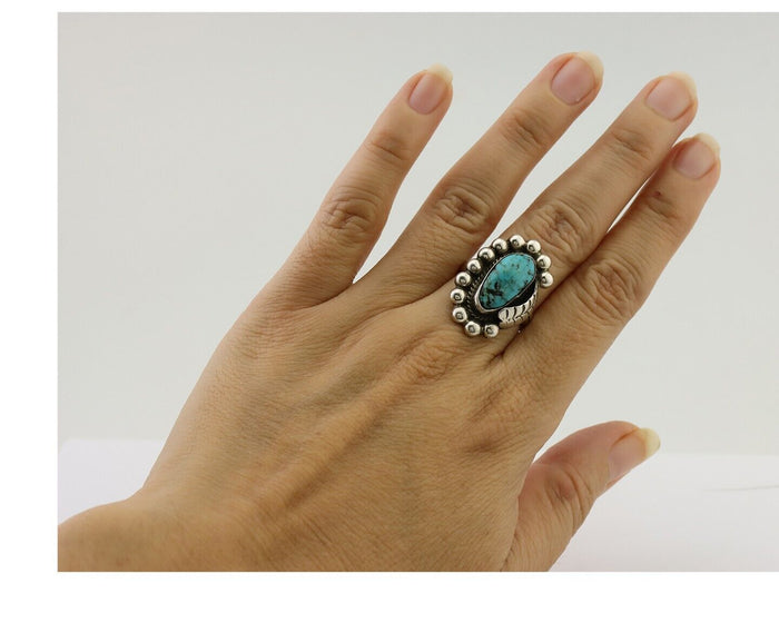 Navajo Ring 925 Silver Kingman Turquoise Native American Artist C.80's
