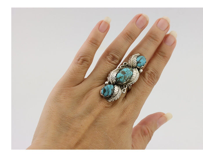 Navajo Ring 925 Silver Kingman Turquoise Native American Artist C.80's