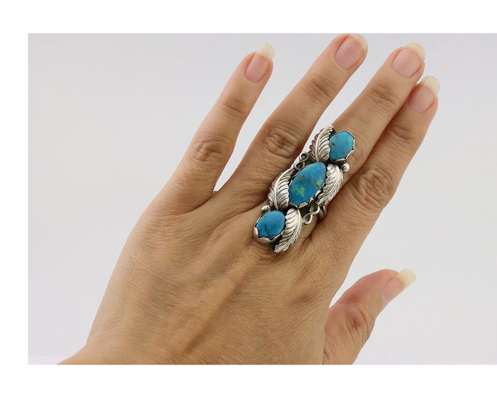 Navajo Ring 925 Silver Kingman Turquoise Native American Artist C.80's