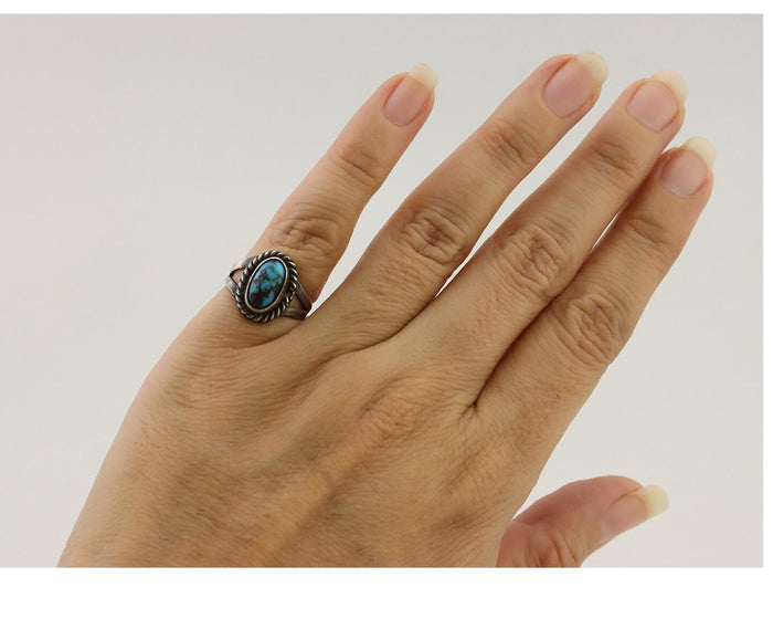 Navajo Ring 925 Silver Kingman Turquoise Native American Artist C.80's