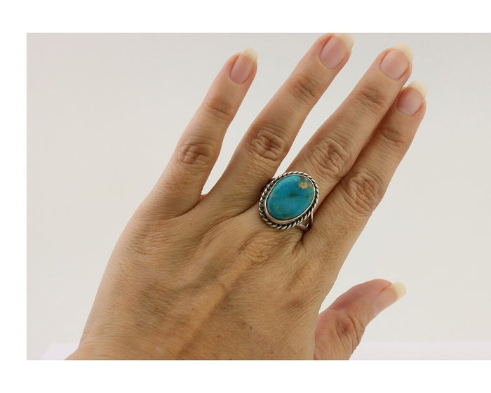Navajo Ring 925 Silver Kingman Turquoise Native American Artist C.80's