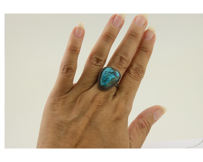 Navajo Ring 925 Silver Kingman Turquoise Native American Artist C.80's