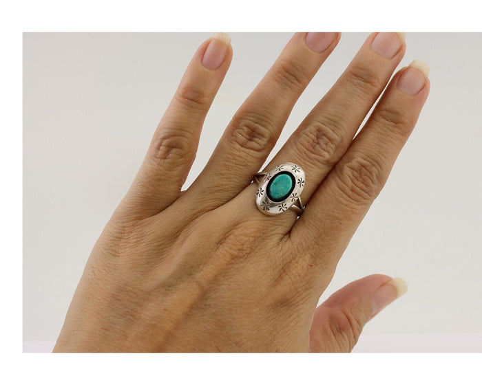 Navajo Ring 925 Silver Kingman Turquoise Native American Artist C.80's