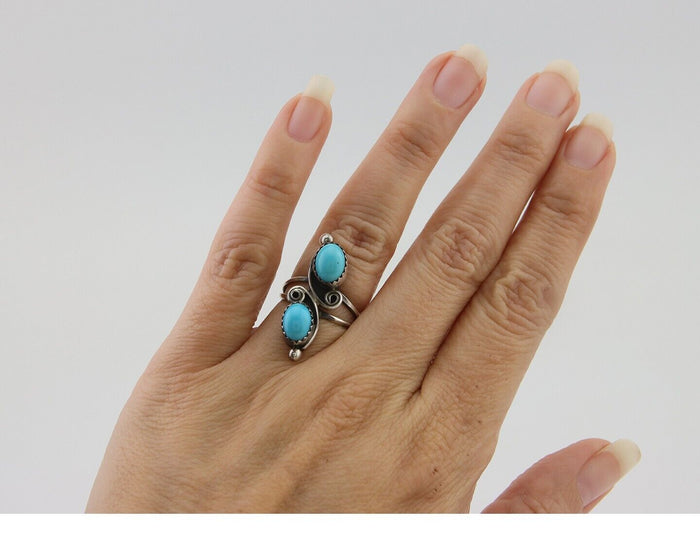 Navajo Ring 925 Silver Kingman Turquoise Native American Artist C.80's