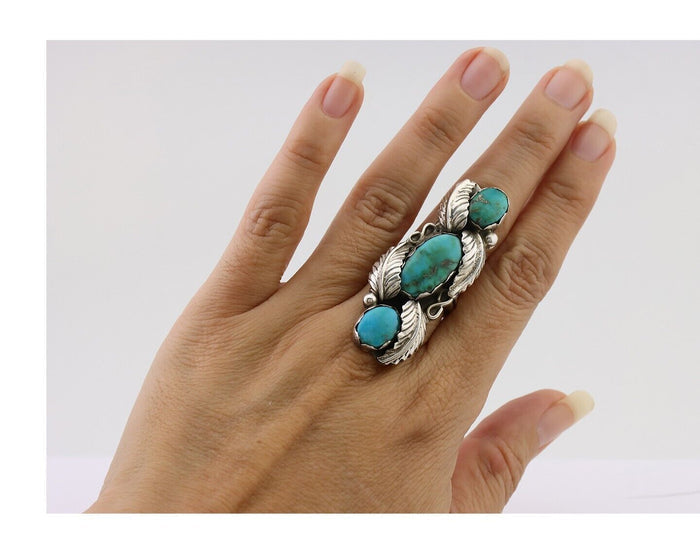 Navajo Ring 925 Silver Kingman Turquoise Native American Artist C.80's