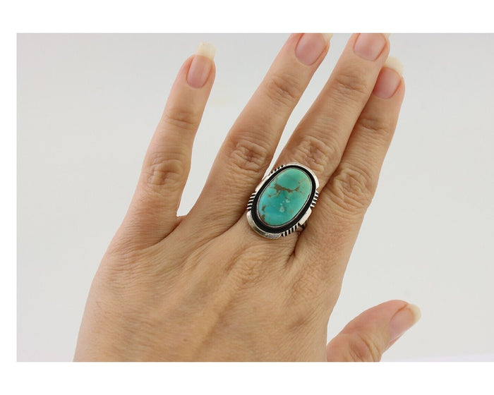 Navajo Ring 925 Silver Kingman Turquoise Native American Artist Size 6.75 C.80's