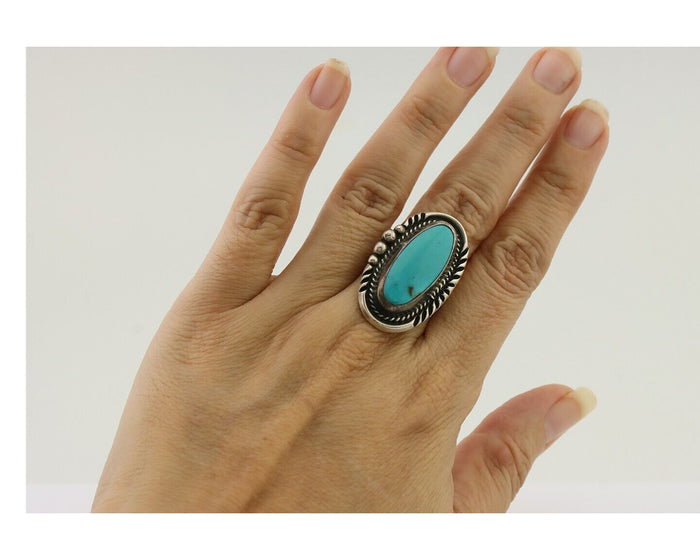 Navajo Ring 925 Silver Kingman Turquoise Signed M Begay C.80's
