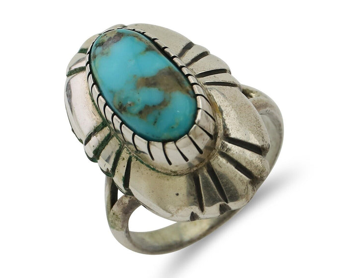 Navajo Ring 925 Silver Kingman Turquoise Signed M Montoya Size 7.0 C.80's