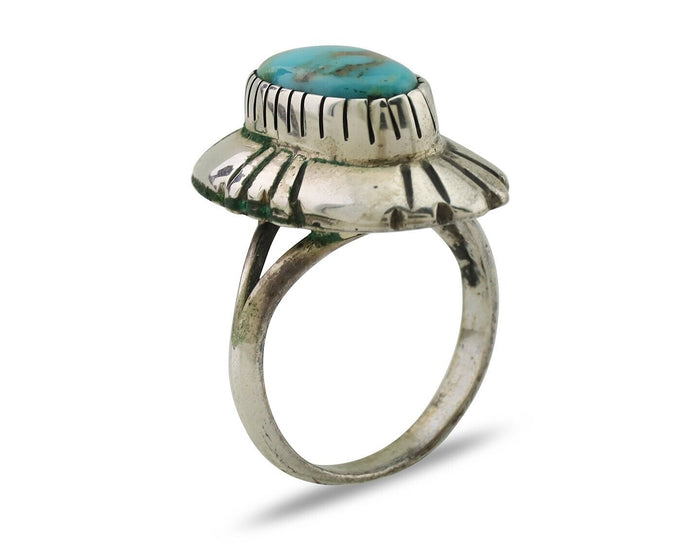 Navajo Ring 925 Silver Kingman Turquoise Signed M Montoya Size 7.0 C.80's