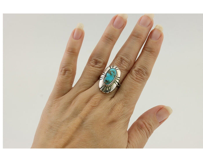 Navajo Ring 925 Silver Kingman Turquoise Signed M Montoya Size 7.0 C.80's