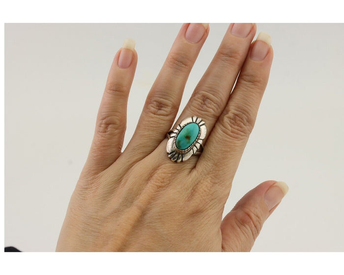 Navajo Ring 925 Silver Kingman Turquoise Signed M Montoya Size 7.0 C.80's