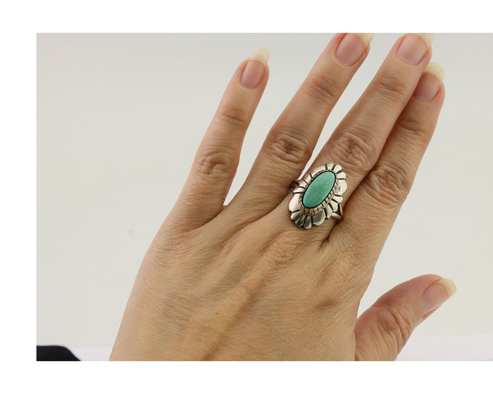 Navajo Ring 925 Silver Kingman Turquoise Signed M Montoya Size 8.0 C.80's