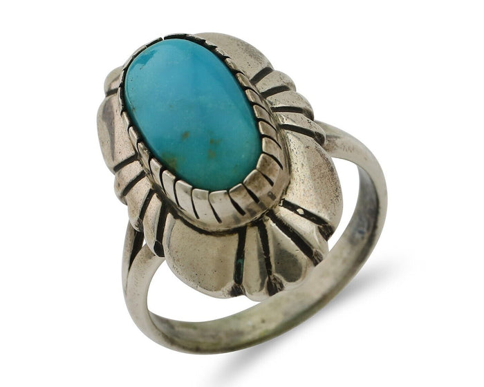 Navajo Ring 925 Silver Kingman Turquoise Signed M Montoya Size 8.25 C.80's