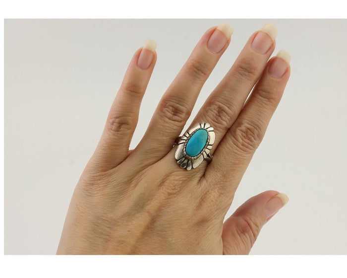 Navajo Ring 925 Silver Kingman Turquoise Signed M Montoya Size 8.25 C.80's