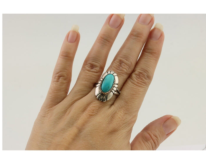 Navajo Ring 925 Silver Kingman Turquoise Signed M Montoya Size 9.25 C.80's