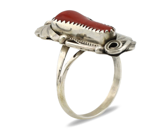 Navajo Ring 925 Silver Mediterranean Coral Artist Signed Justin Morris C.80's