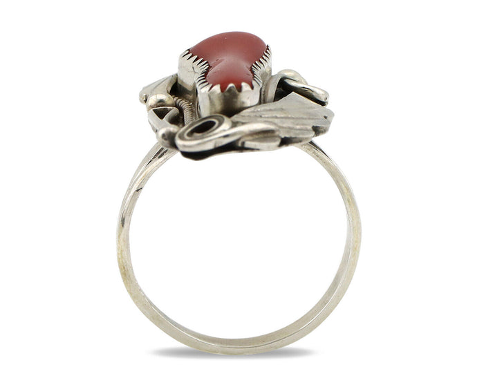 Navajo Ring 925 Silver Mediterranean Coral Artist Signed Justin Morris C.80's