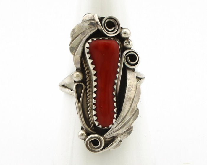 Navajo Ring 925 Silver Mediterranean Coral Artist Signed Justin Morris C.80's