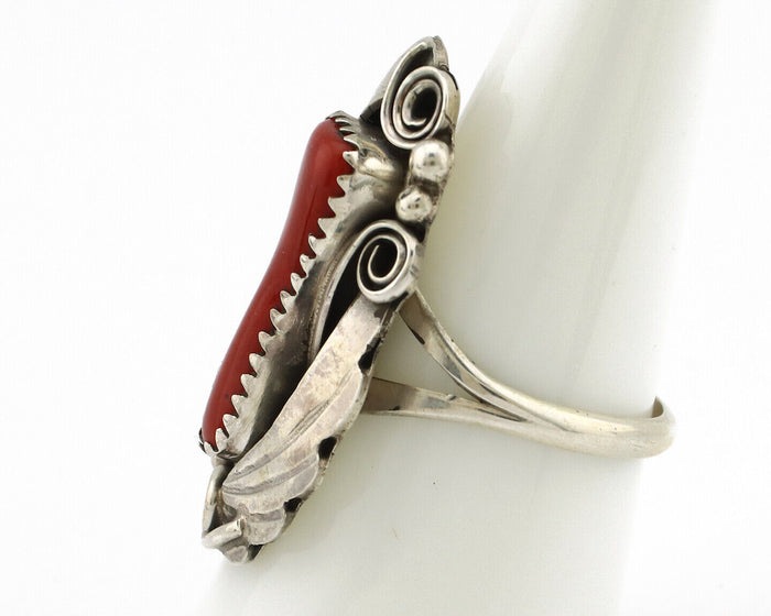 Navajo Ring 925 Silver Mediterranean Coral Artist Signed Justin Morris C.80's