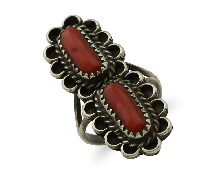Navajo Ring 925 Silver Mediterranean Coral Native American Artist C.80's